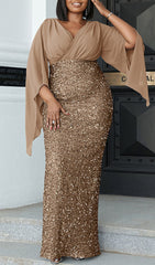 Bayarma Plus Size Glamorous Gold Sequin V-Neck Maxi Dress