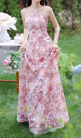 Geovany Pink Floral Sequin Strapless Maxi Dress