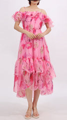 Effortless Chic Flora Pink Ruffle Floral Off-Shoulder Midi Dress