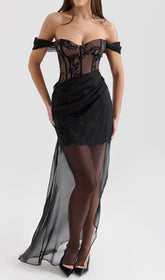 Esaú Black Corset Lace Off-Shoulder Maxi Dress