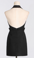Gwydion Chic Black Halter Mini Dress with Gold Buttons