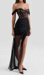 Esaú Black Corset Lace Off-Shoulder Maxi Dress