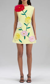 Erica Vibrant Yellow 3D Floral Mini Dress