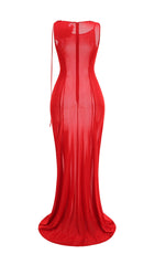 Vibrant Red Sheer Floral Maxi Gown