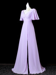 Vestido de fiesta largo de gasa morado claro con mangas cortas