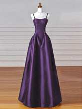 Vestido de fiesta morado de satén con escote en forma de A, sencillo, largo hasta el suelo