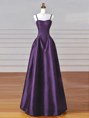 Vestido de fiesta morado de satén con escote en forma de A, sencillo, largo hasta el suelo