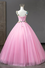 Vestido de fiesta de tul con escote en forma de corazón y tirantes rosas con flores
