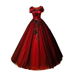 Glam Red and Black Flowers Cap Sleeves Ball Gown Sweet 16 Dress