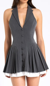 Dhriti Grey Tailored Halter Mini Dress with Pleated Skirt
