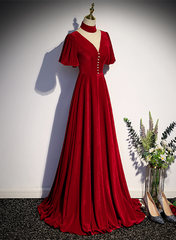 Vestido largo de fiesta de terciopelo rojo con escote alto