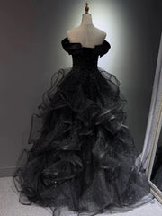 A-line Black Tulle Layers Beaded Off Shoulder Party Dress