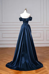 A-line Navy Blue Satin Off Shoulder Prom Dress