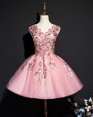Beautiful Pink Tulle Flowers Homecoming Dress
