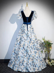 Blue Floral Satin Short Sleeves Long Formal Dress