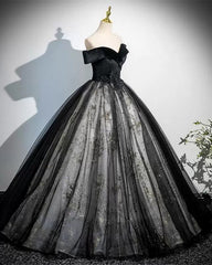 Black Tulle with Lace Off Shoulder Party Dress