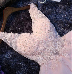 Pink V-neckline Flowers and Lace Applique Party Dress