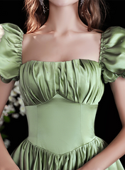 A-line Satin Green Short Sleeves Beaded Party Dress