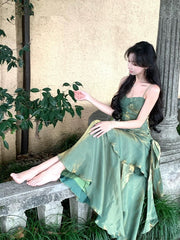 Charming Green Satin Straps Long Layers Evening Dress