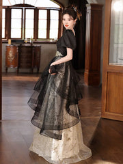 Vestido de fiesta largo de tul con mangas cortas y corte en A, color negro