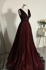 A-line Black and Red V-neckline Tulle Floor Length Party Dress