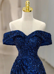 A-line Blue Sequins Off Shoulder Prom Dress
