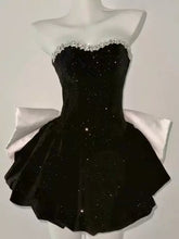 Black Velvet Short Beaded Party Dress with Bow