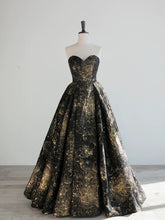 A-line Black and Gold Foral Satin Party Dress
