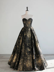 A-line Black and Gold Foral Satin Party Dress