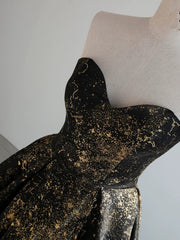 A-line Black and Gold Foral Satin Party Dress