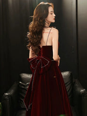 Wine Red Velvet Straps Long Party Dress with Bow