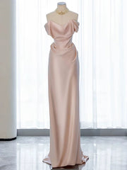 Vestido de fiesta de boda largo con hombros descubiertos de satén suave rosa