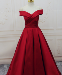 Red Satin Off Shoulder Handmade Long Formal Dress