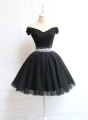 Lovely Off Shoulder Navy Blue Beaded Homecoming Dress