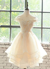 Lindo vestido de fiesta de organza color champán hasta la rodilla con capas y encaje