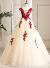 Gorgeous Champagne Tulle Long Sweet 16 Dress with Red Lace