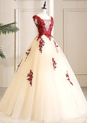 Gorgeous Champagne Tulle Long Sweet 16 Dress with Red Lace