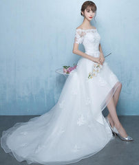 Beautiful White Off Shoulder High Low Party Dress with Train