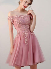 Pink Off Shoulder Lace Homecoming Dress