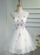 Lovely White Short Party Dress with Flowers
