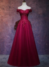 Beautiful Wine Red Tulle Sweetheart Long Prom Dress