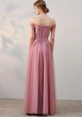 Pink Off Shoulder Tulle Long Party Dress