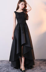 Black Satin with Lace High Low Prom Dress