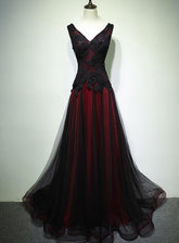 Black and Tulle V-neckline Beaded Lace Long Party Dress