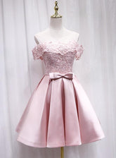 Pink Satin Off Shoulder Lace Top Homecoming Dress