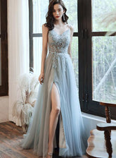 Beautiful Grey V-neckline Straps Beaded Slit Long Prom Dress