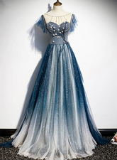 A-line Blue Tulle Long Beaded Prom Dress