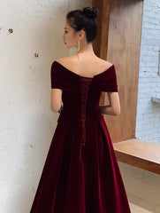 Elegant Burgundy Off Shoulder Sweetheart Velvet Party Dress