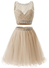 Two Piece Champagne Beaded Tulle Homecoming Dress