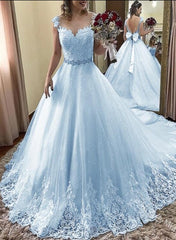 Light Blue Beautiful Shiny Tulle with Lace Round Neckline Formal Dress